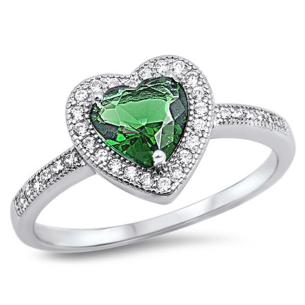 Sterling Silver Heart Ring with Emerald CZ – Size 8 (Sample)